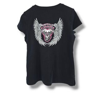 Y2K V-Neck Graphic Tee Asphalt Angel Skull‎ Motorcycle Top Black Size S